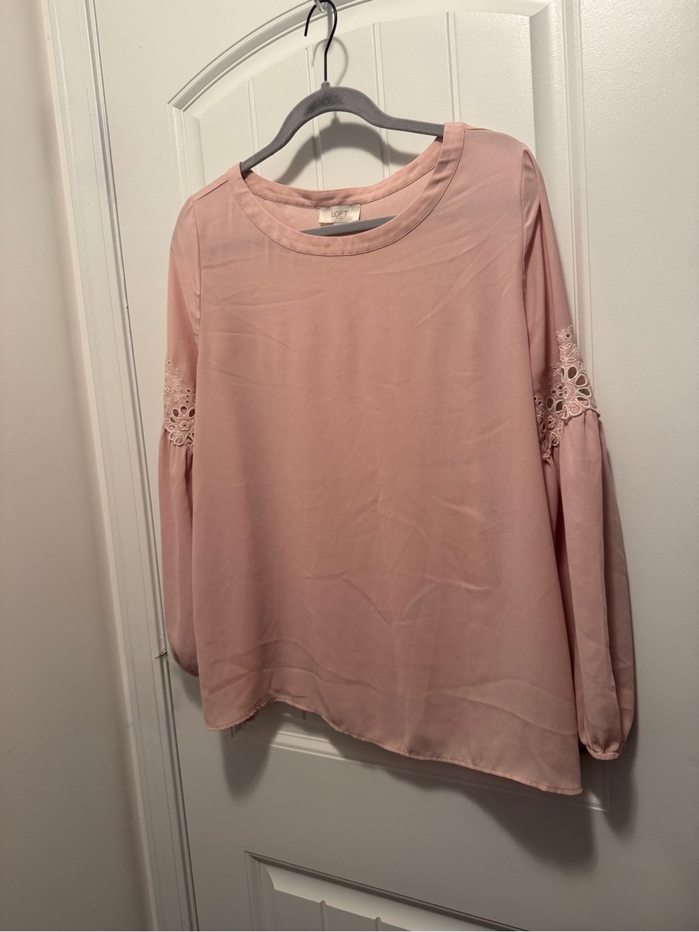 LOFT Dusty Blush Lace-Trim Long Sleeve Blouse